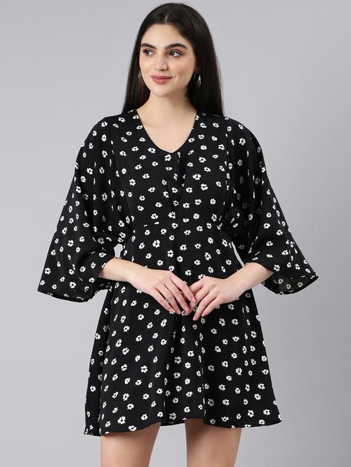 black floral print a-line dress - 20383346 - Standard Image - 0