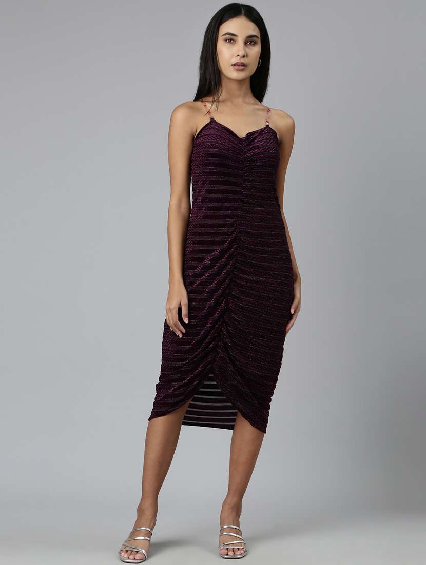 purple self designed shoulder strap bodycon dress