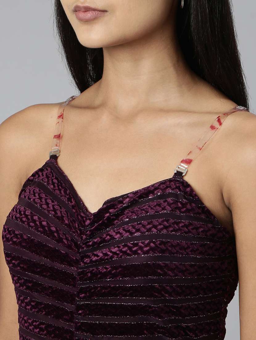 purple self designed shoulder strap bodycon dress - 20383349 - Standard Image - 6