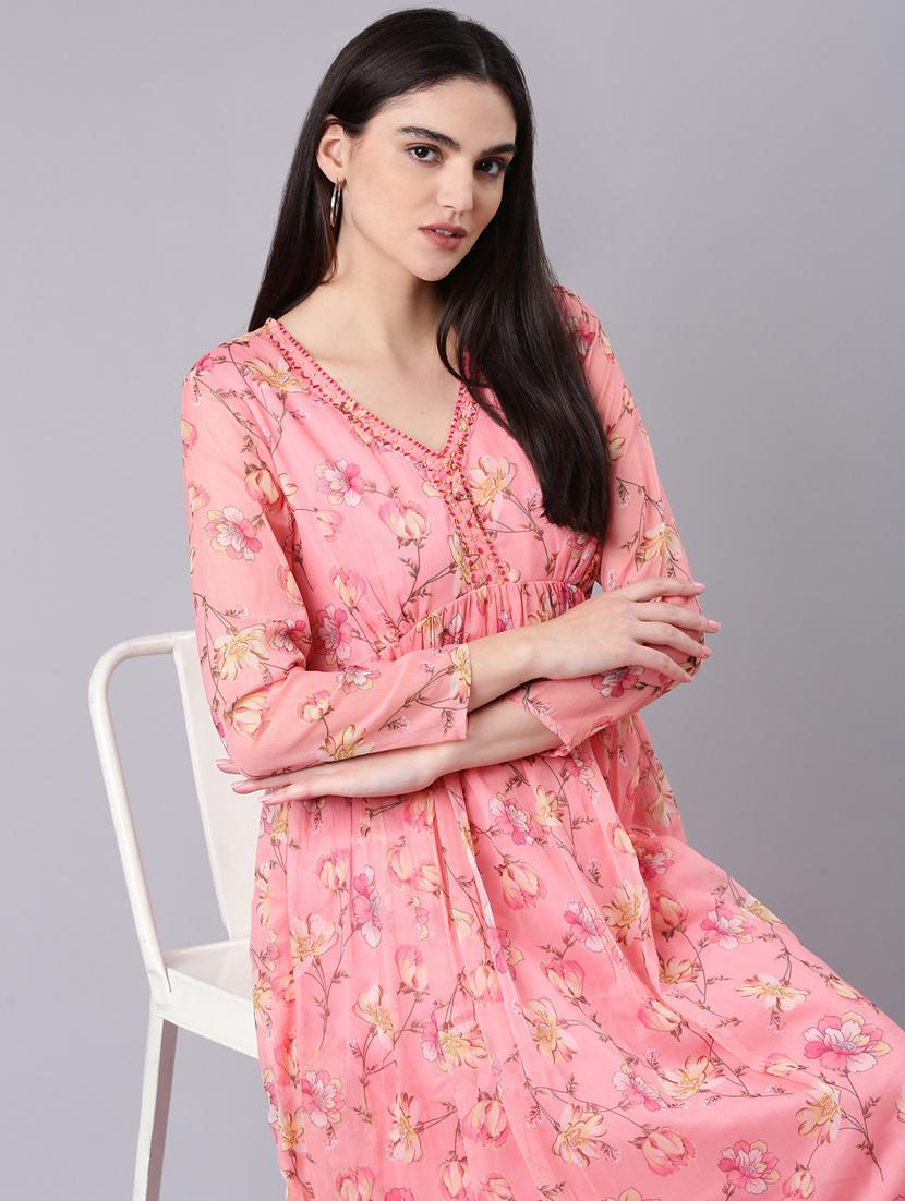 women peach printed cotton empire line dress - 20383363 - Standard Image - 4