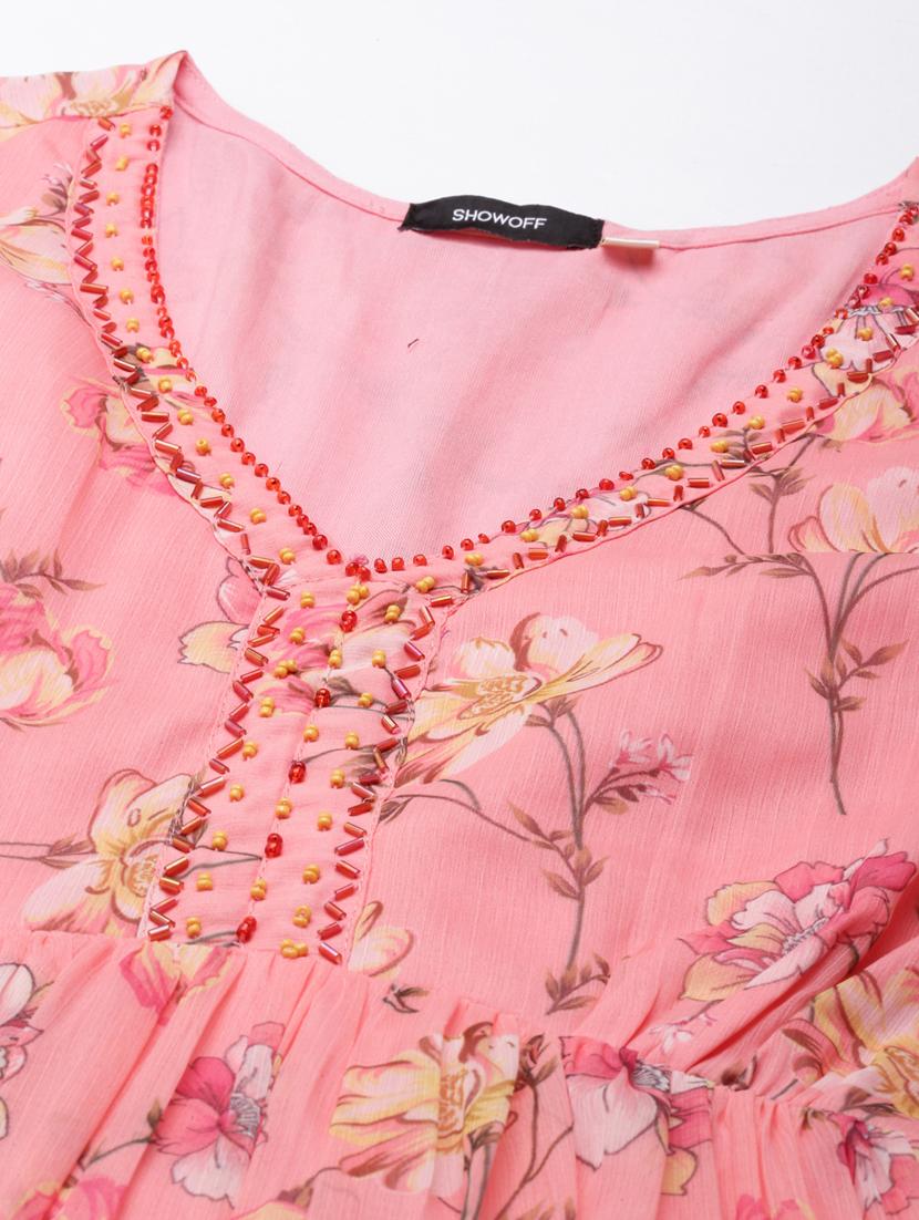 women peach printed cotton empire line dress - 20383363 - Standard Image - 6