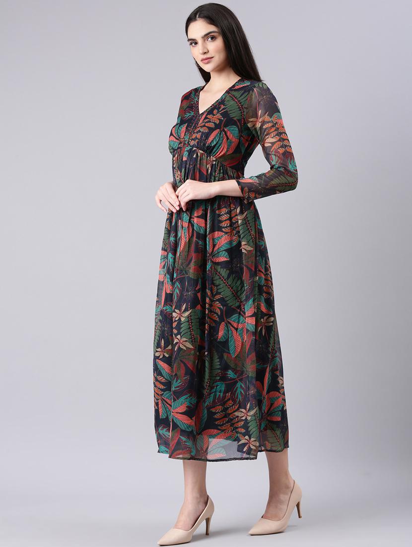 dark blue tropical print fit & flare dress - 20383365 -  Standard Image - 1