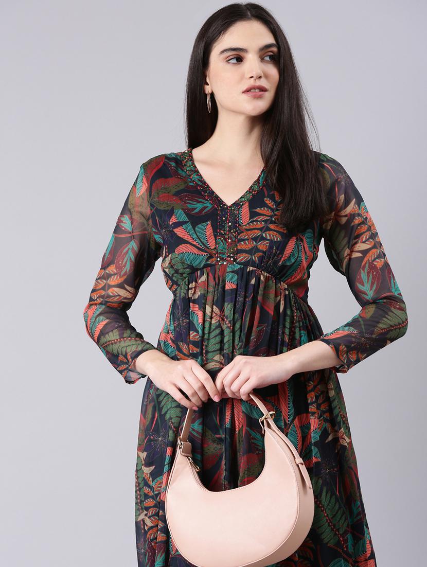 dark blue tropical print fit & flare dress - 20383365 - Standard Image - 4