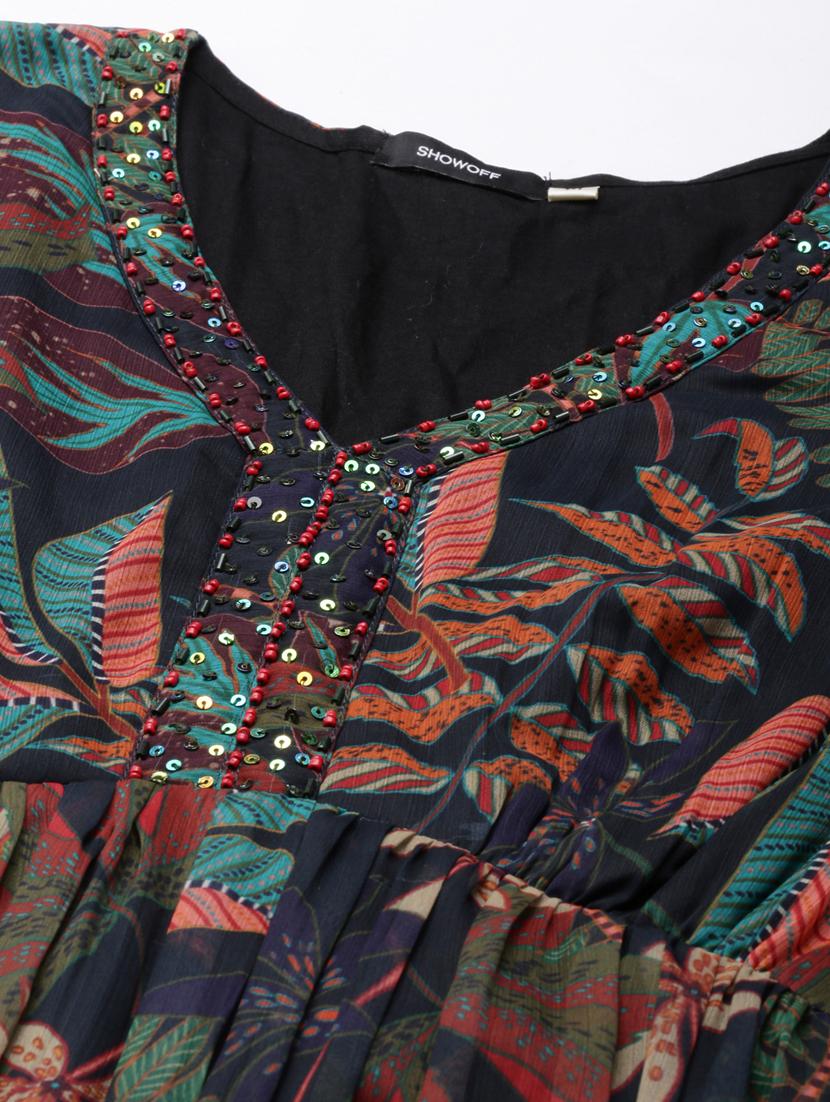 dark blue tropical print fit & flare dress - 20383365 - Standard Image - 6