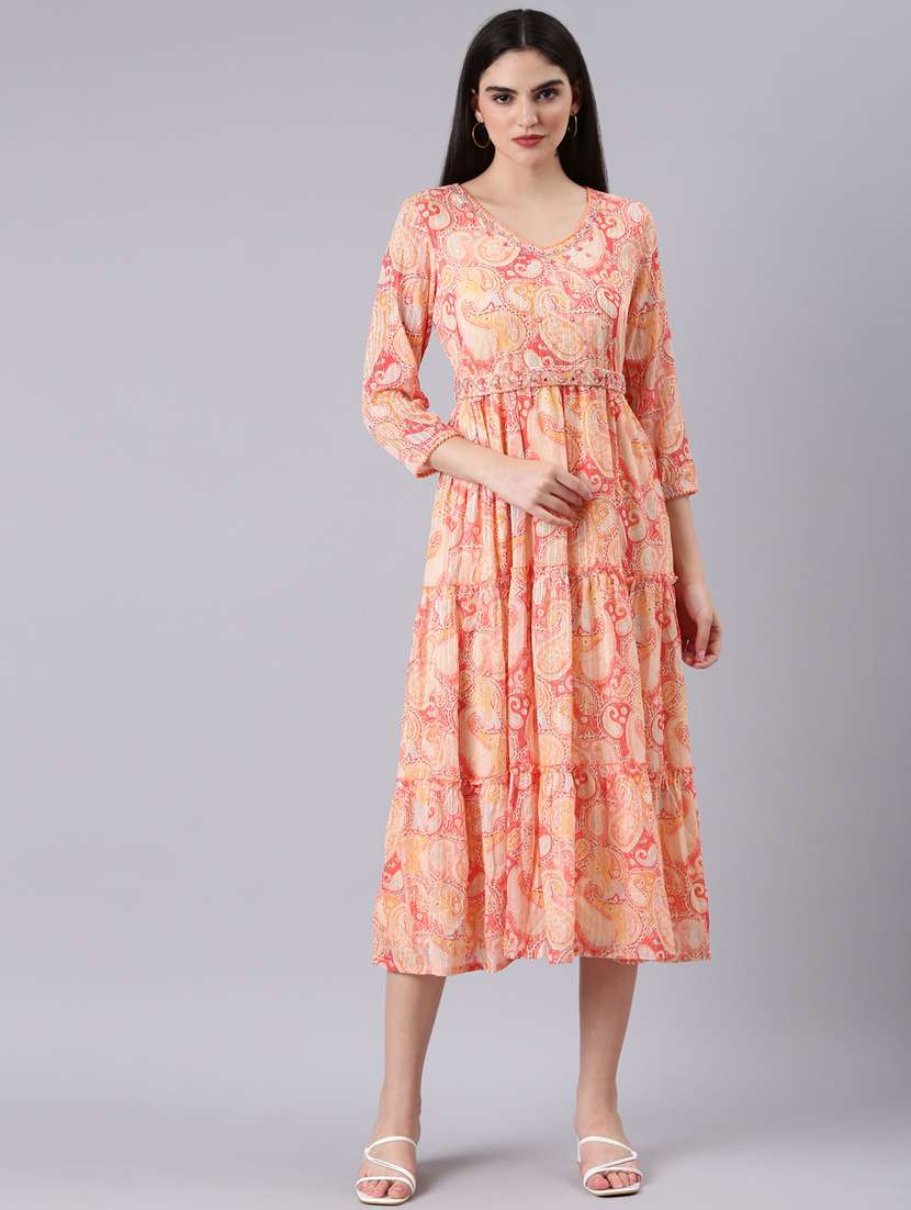 peach paisley print tiered dress