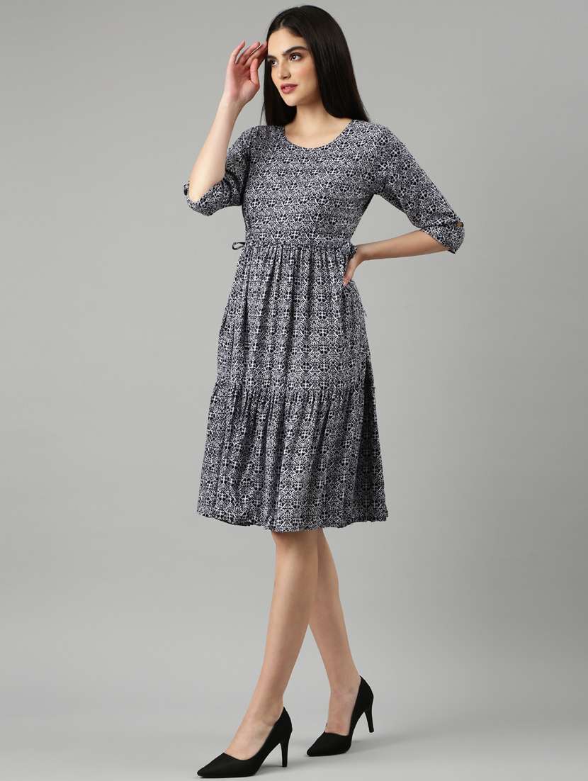 navy blue printed fit & flare dress - 20383372 -  Standard Image - 1