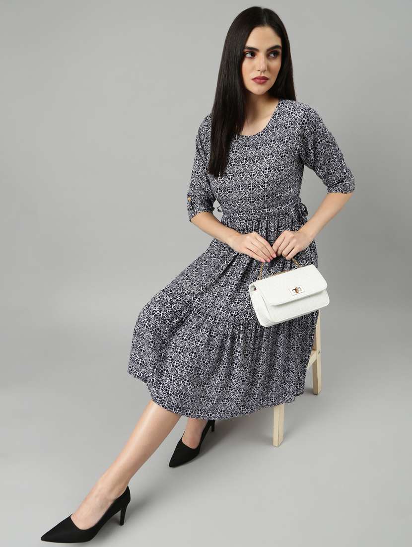 navy blue printed fit & flare dress - 20383372 -  Standard Image - 4