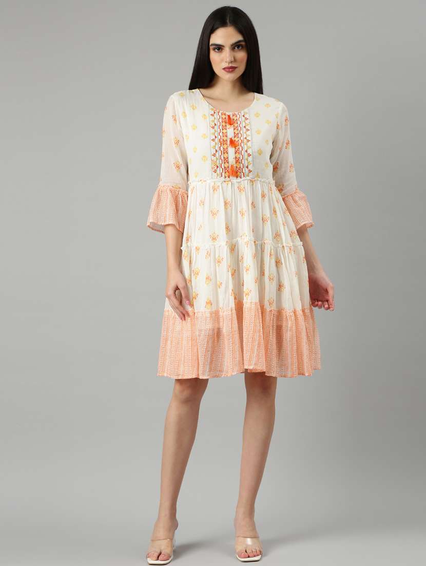 cream printed fit & flare ethnic dress