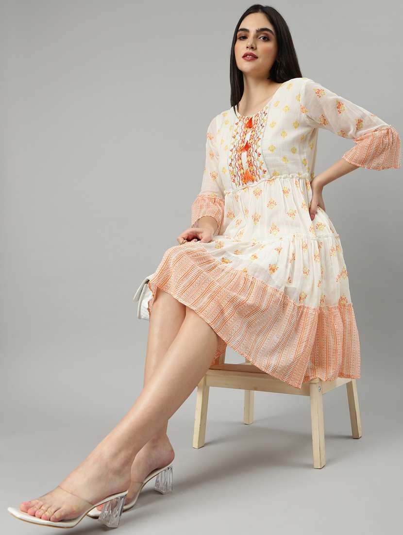 cream printed fit & flare ethnic dress - 20383379 -  Standard Image - 4
