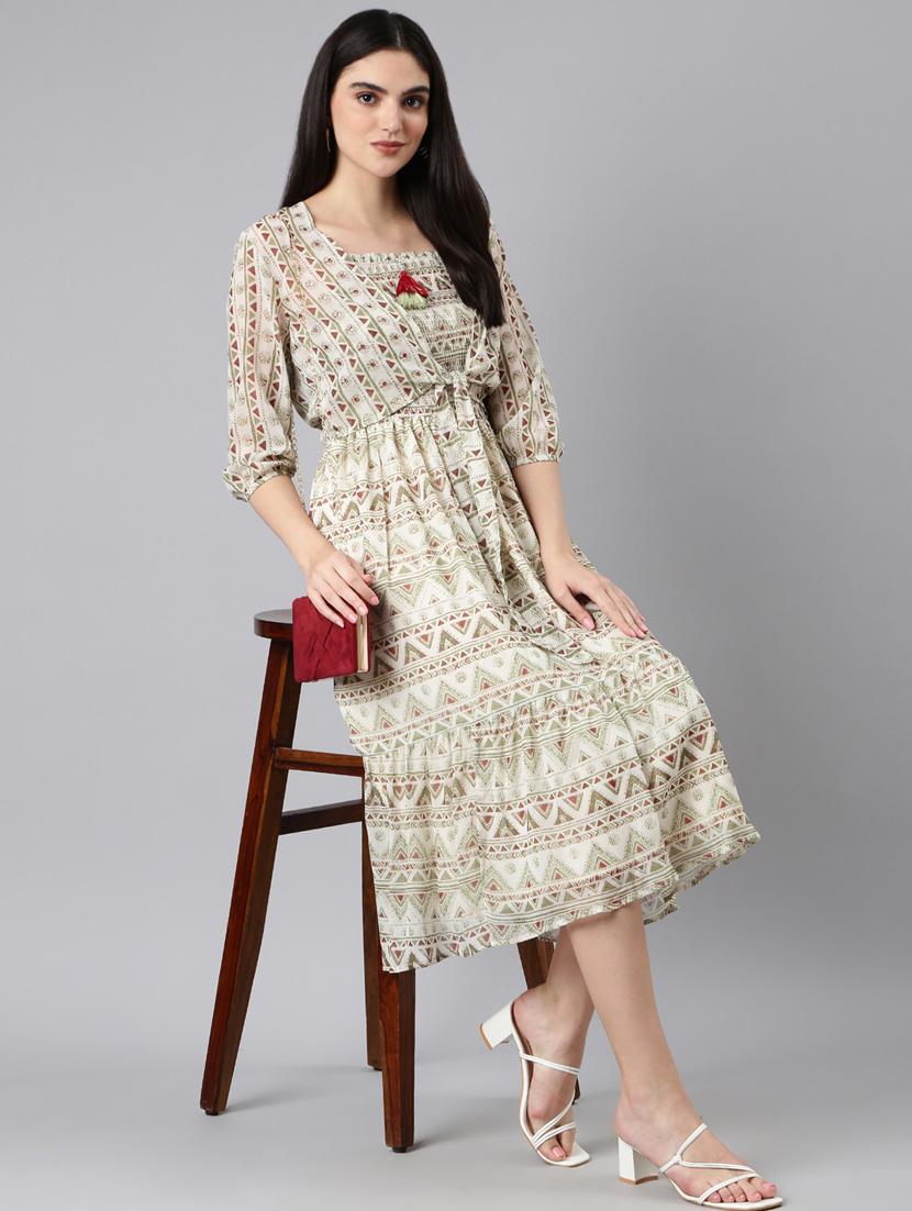 multi color printed fit & flare dress with shrug - 20383381 - Standard Image - 4