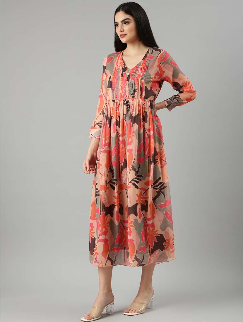 peach tropical print a-line dress - 20383388 - Standard Image - 1