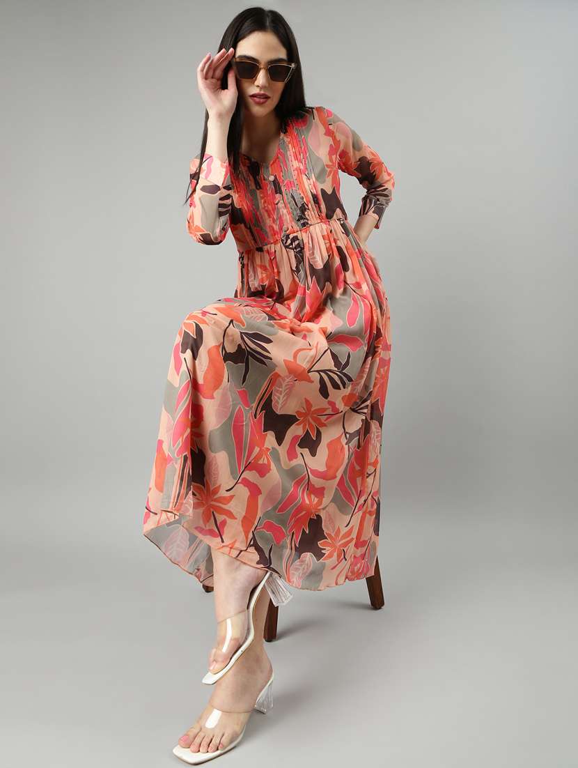 peach tropical print a-line dress - 20383388 - Standard Image - 4