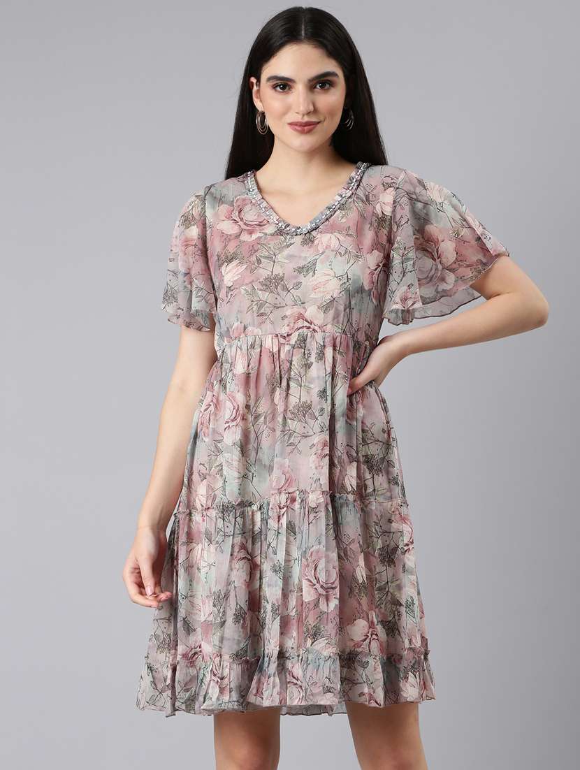 women multi color floral cotton empire line dress