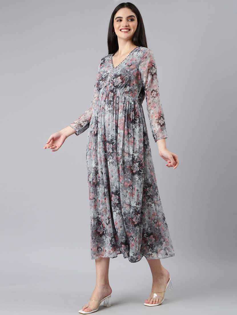 grey floral empire line dress - 20383395 -  Standard Image - 1
