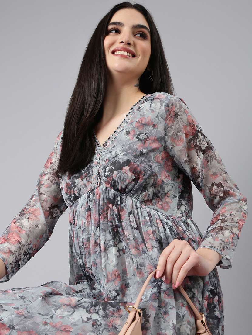 grey floral empire line dress - 20383395 -  Standard Image - 4