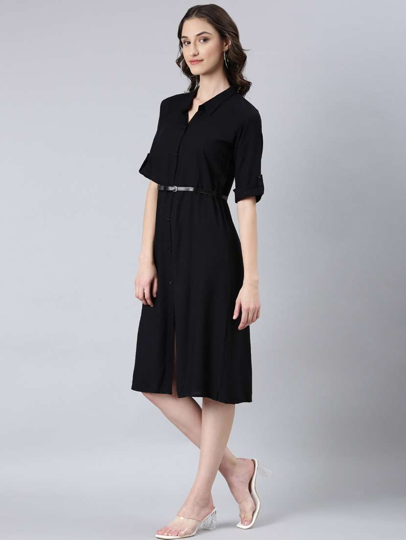 black solid shirt dress with belt - 20383402 -  Standard Image - 1