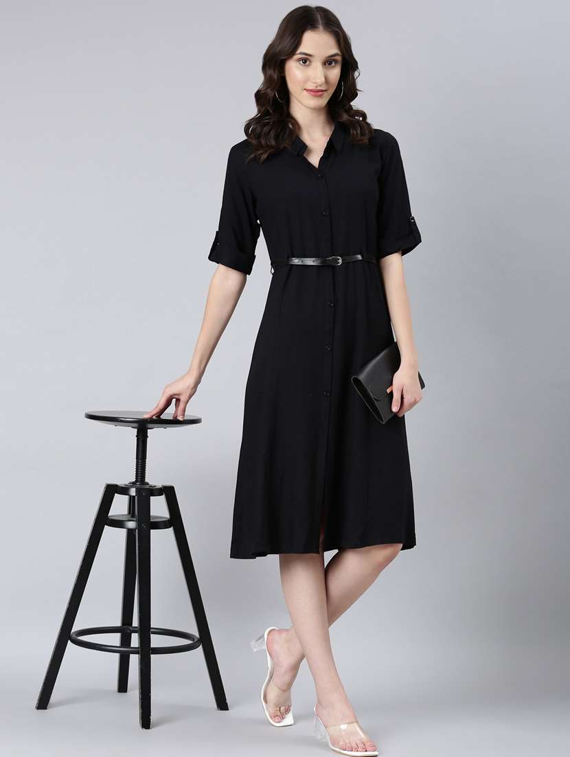 black solid shirt dress with belt - 20383402 -  Standard Image - 4