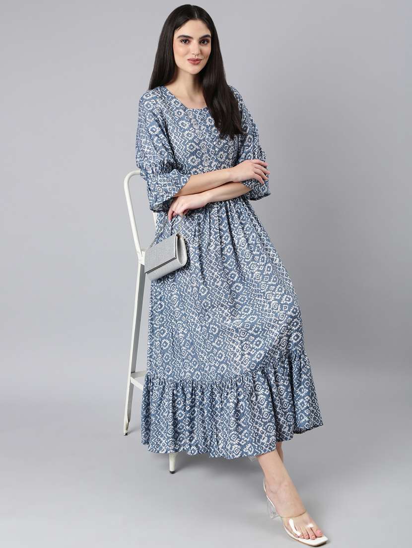 grey printed fit & flare ethnic dress - 20383408 -  Standard Image - 4