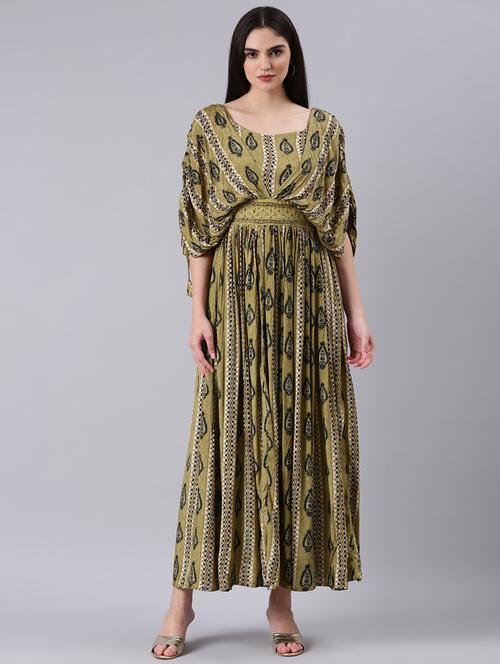 olive printed fit & flare dress - 20383418 -  Standard Image - 0