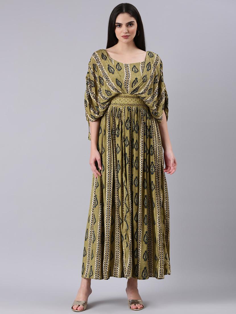 olive printed fit & flare dress - 20383418 -  Zoom Image - 0