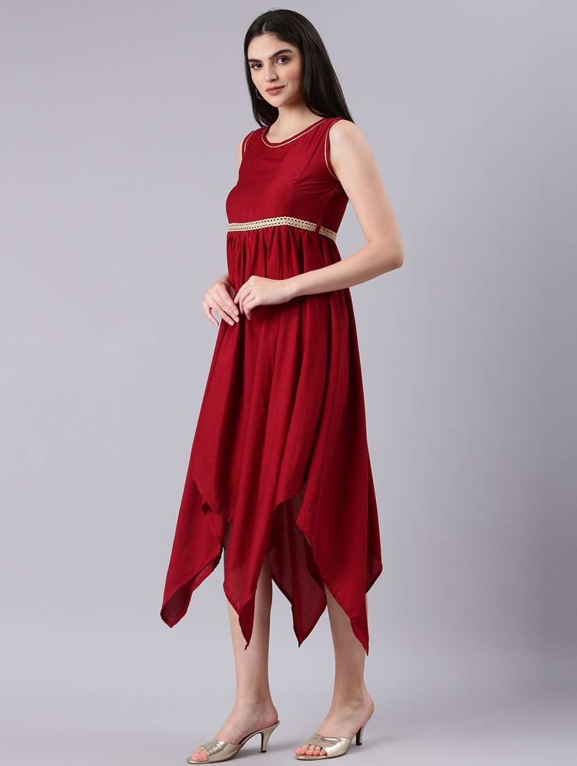 maroon solid with work asymmetric dress - 20383422 -  Standard Image - 1