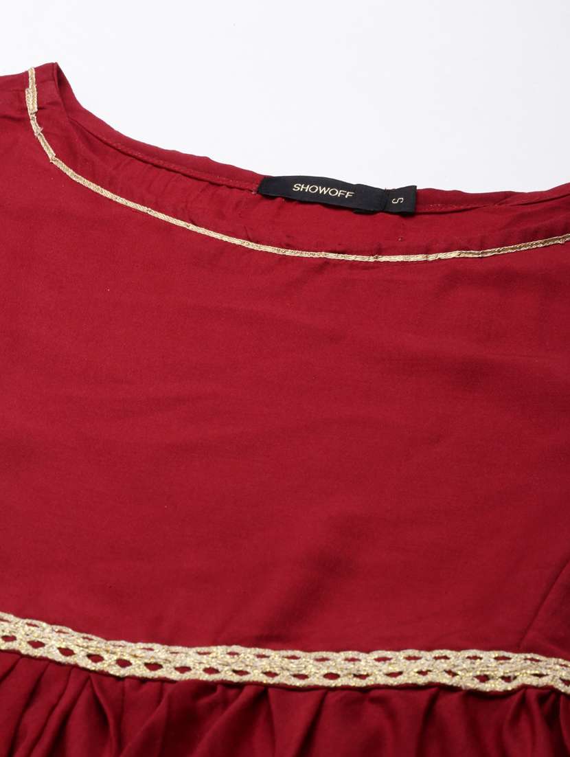 maroon solid with work asymmetric dress - 20383422 -  Standard Image - 6