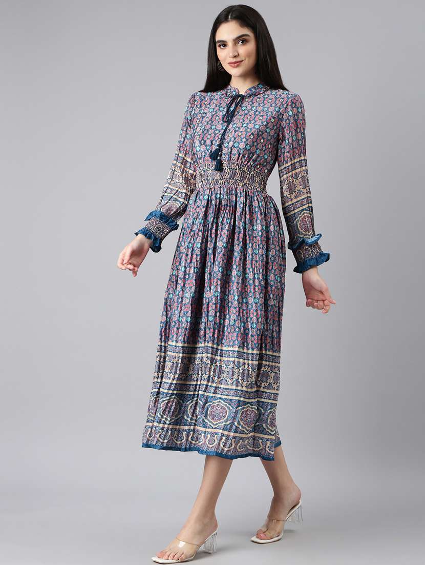 blue printed fit & flare dress - 20383426 -  Standard Image - 1