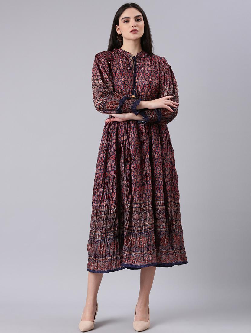 women multi color printed viscose fit & flare dress - 20383428 - Zoom Image - 0