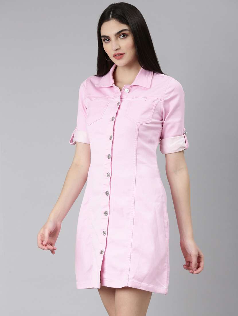 pink solid short sleeves a-line dress - 20383439 -  Standard Image - 1