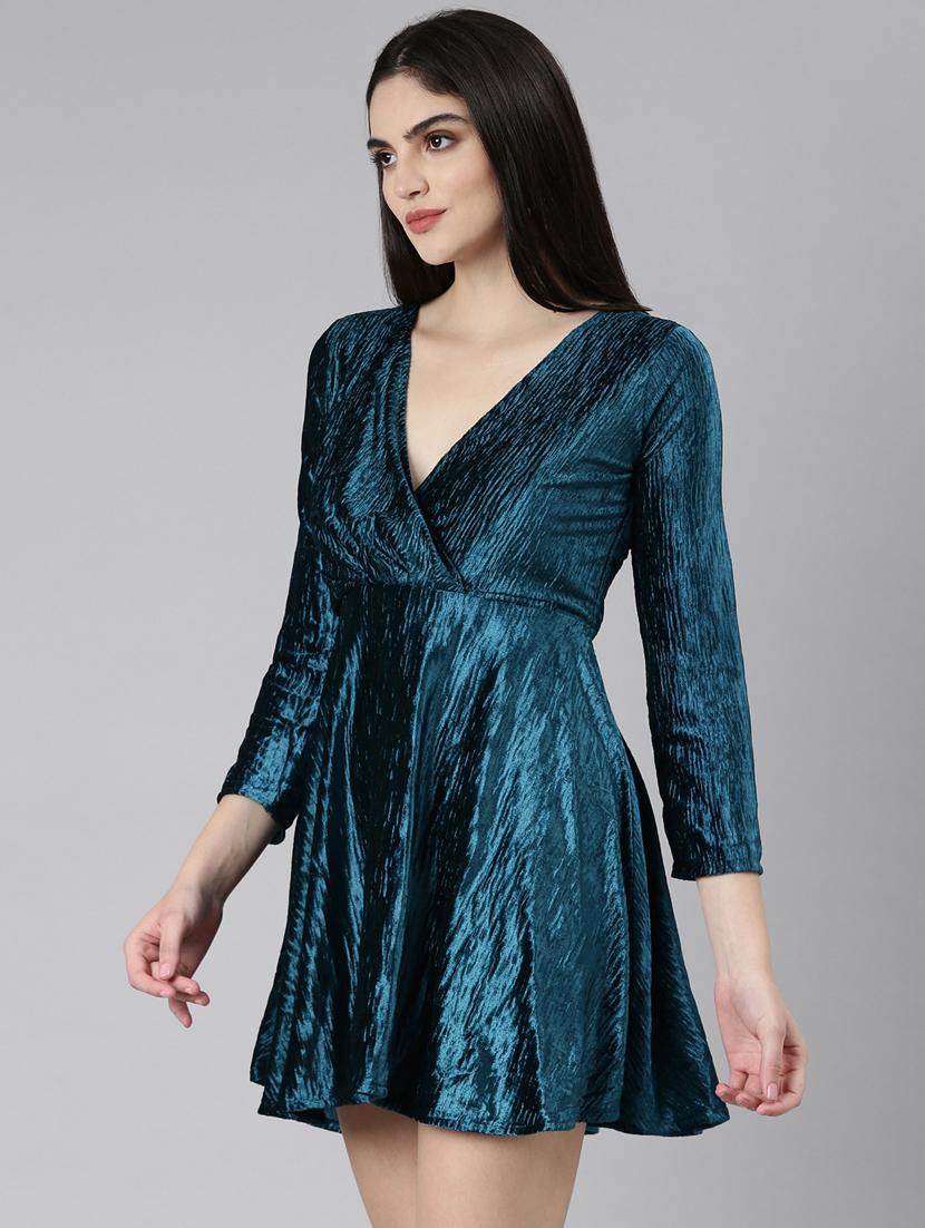 teal self designed fit & flare dress - 20383444 -  Standard Image - 1