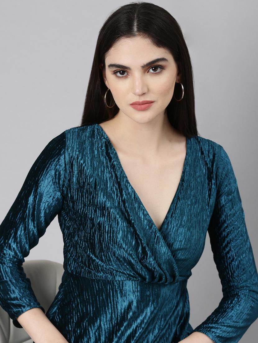 teal self designed fit & flare dress - 20383444 - Standard Image - 4