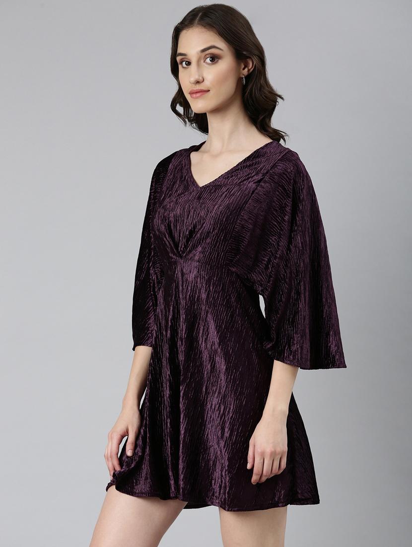 purple solid v neck fit & flare dress - 20383453 -  Standard Image - 1