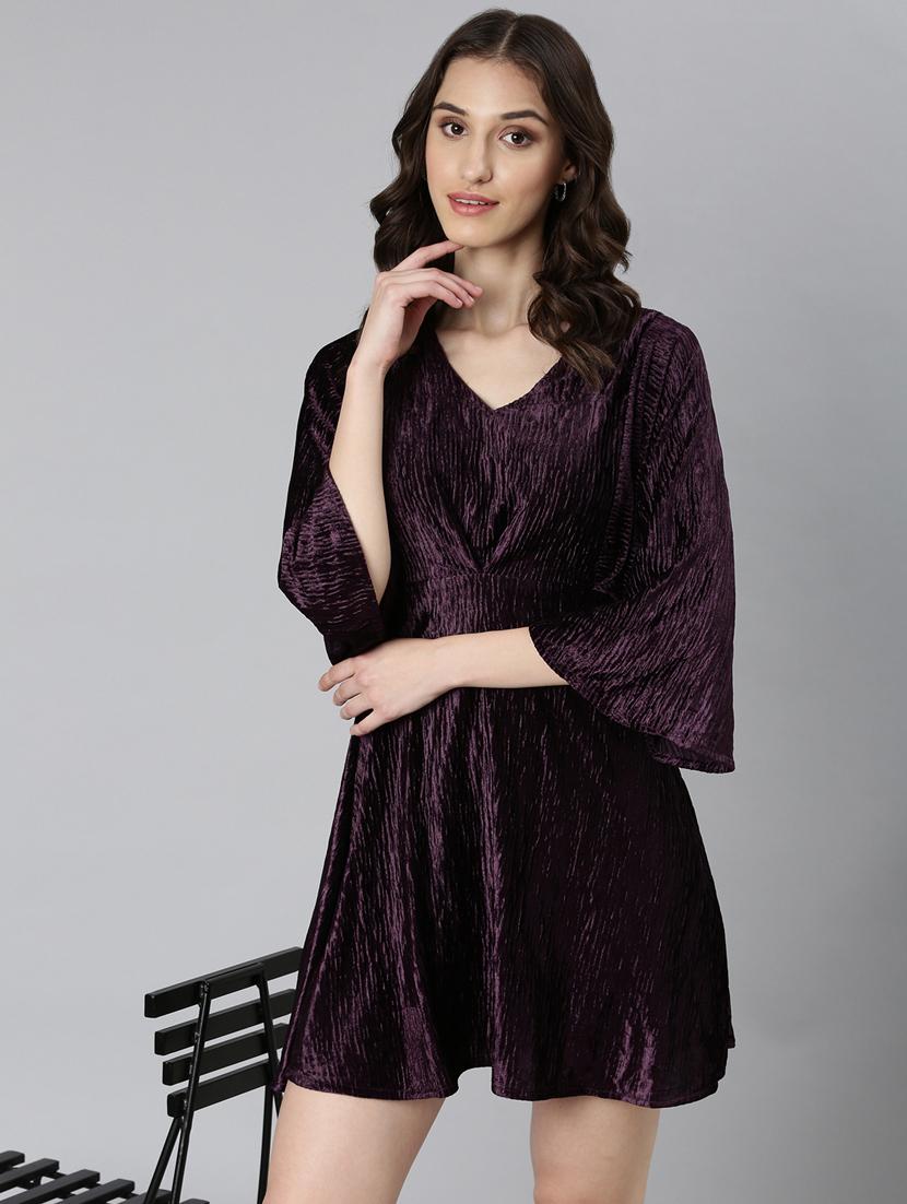 purple solid v neck fit & flare dress - 20383453 - Standard Image - 4