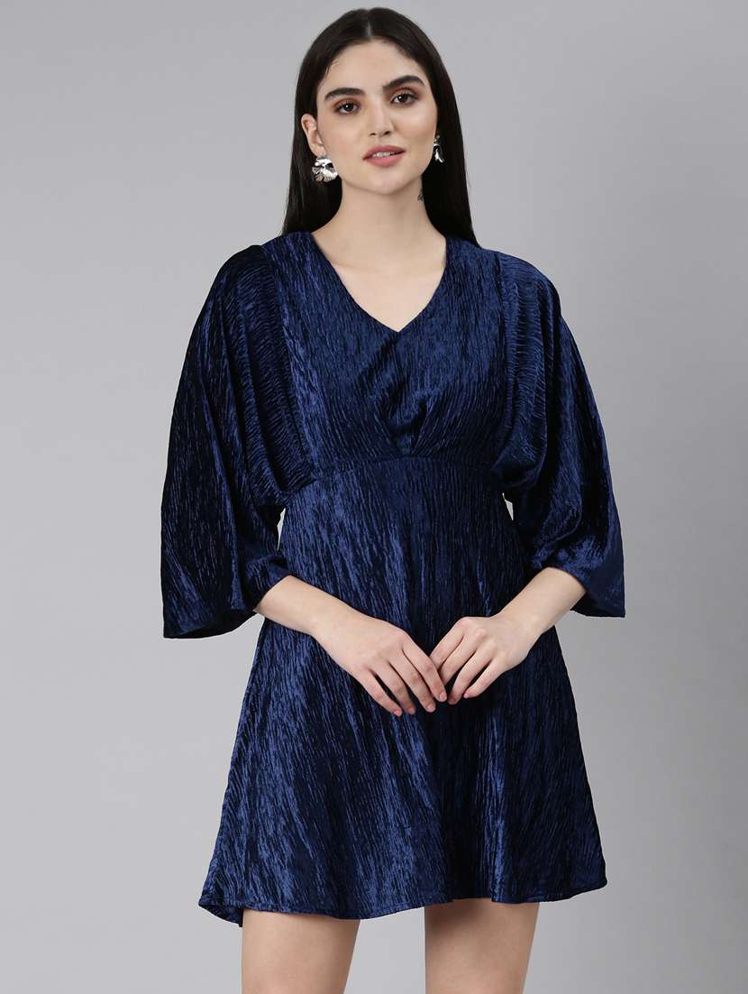 navy blue self design a-line dress
