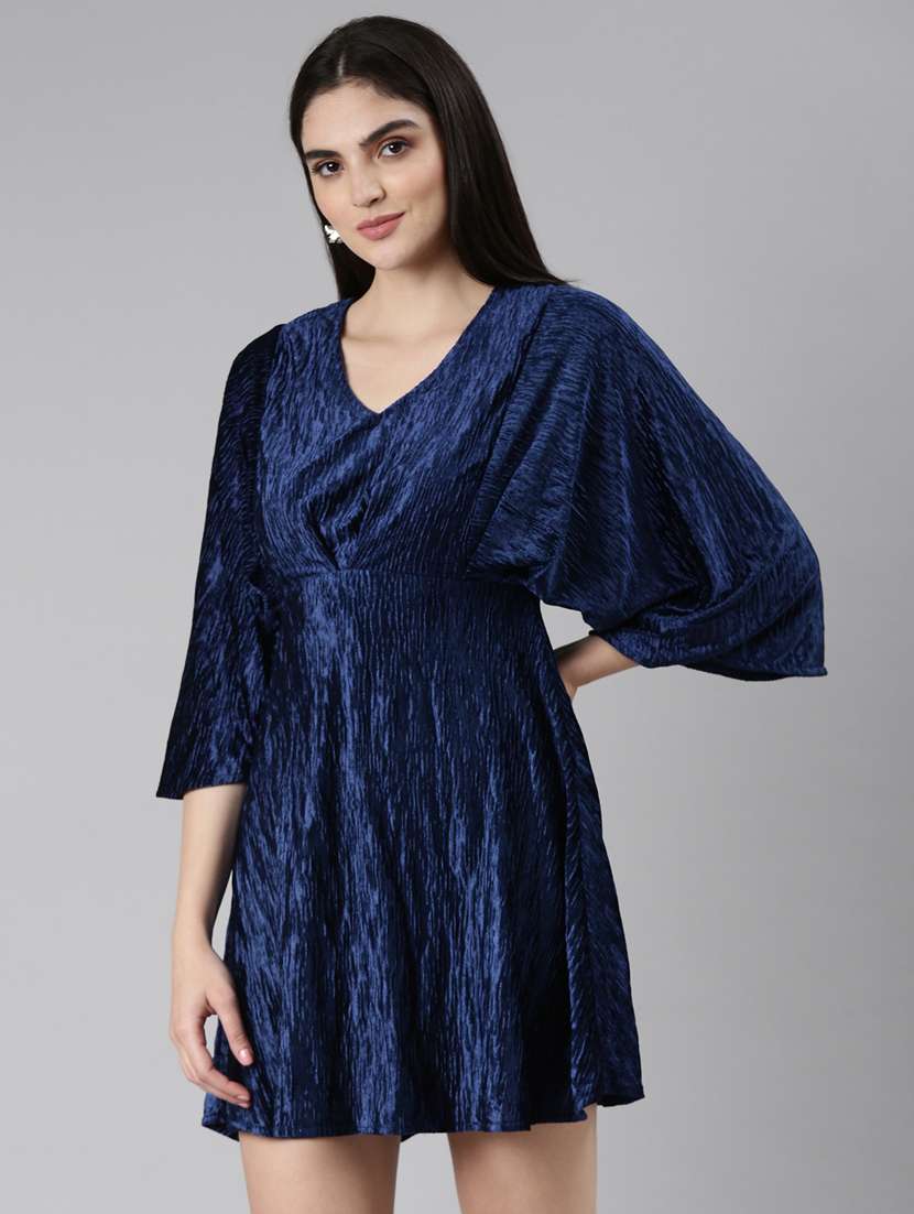 navy blue self design a-line dress - 20383454 -  Standard Image - 1