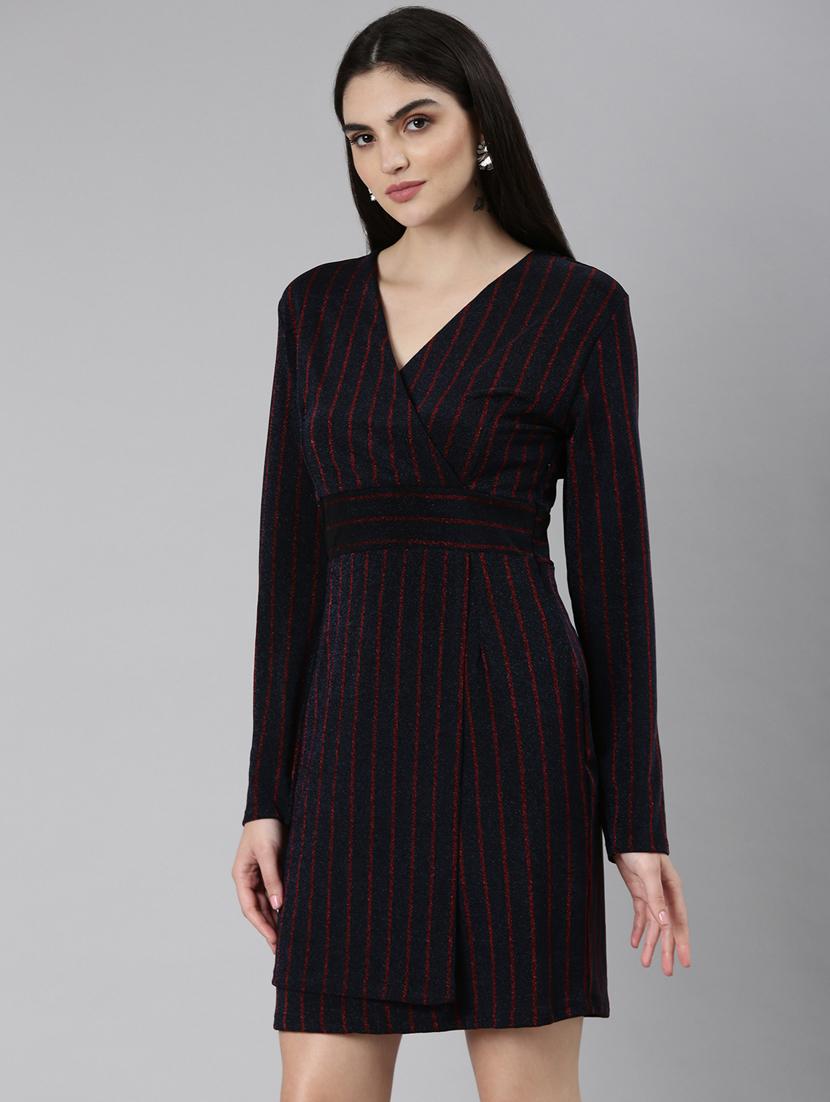 navy blue stripes wrap dress - 20383458 - Standard Image - 1
