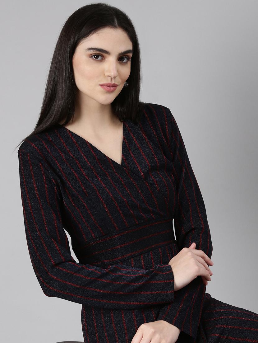 navy blue stripes wrap dress - 20383458 - Standard Image - 4