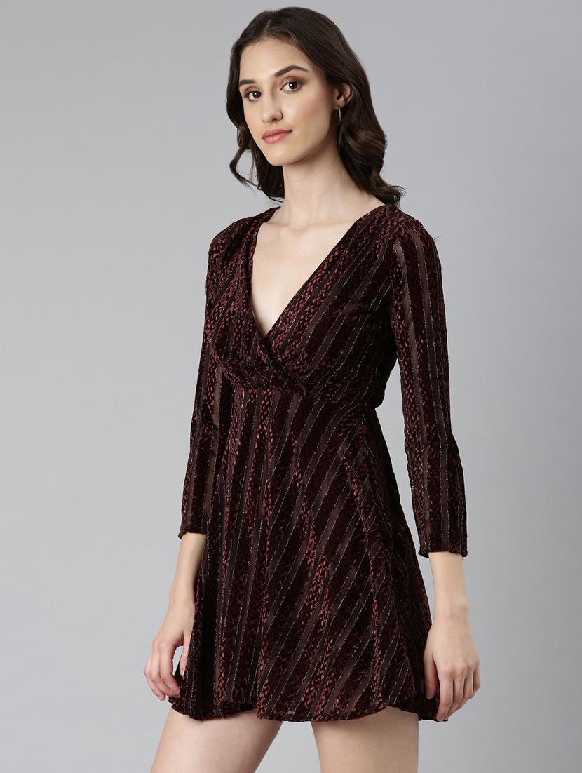 coffee brown self design a-line dress - 20383459 - Standard Image - 1