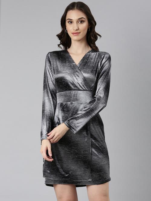 silver solid long sleeves bodycon dress - 20383461 - Standard Image - 0