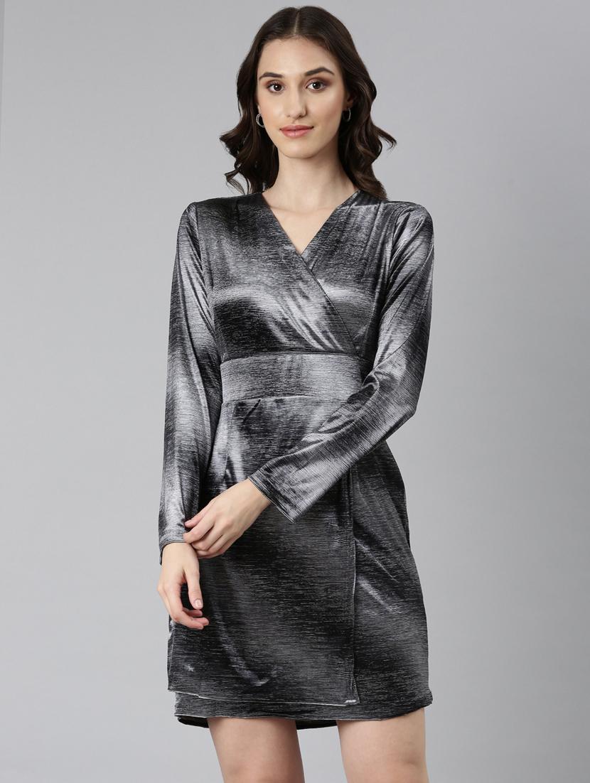 silver solid long sleeves bodycon dress - 20383461 - Zoom Image - 0