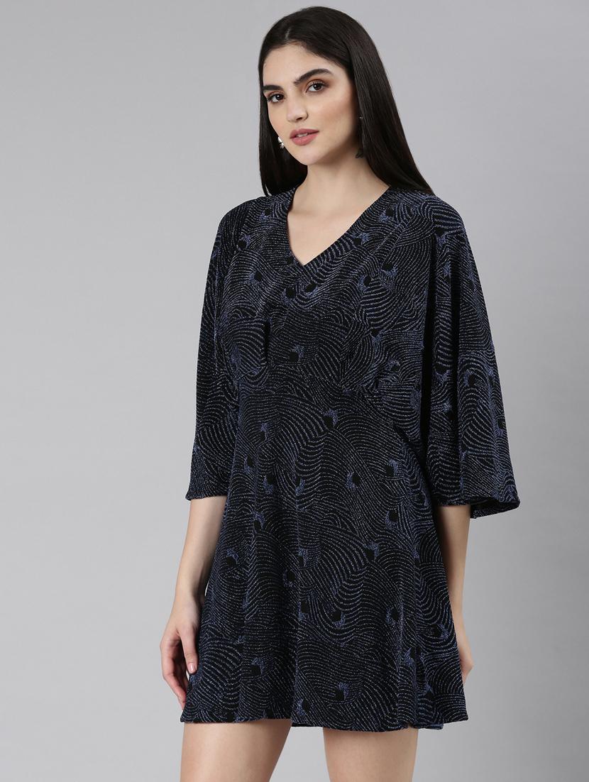 navy blue self designed a-line dress - 20383466 - Standard Image - 1