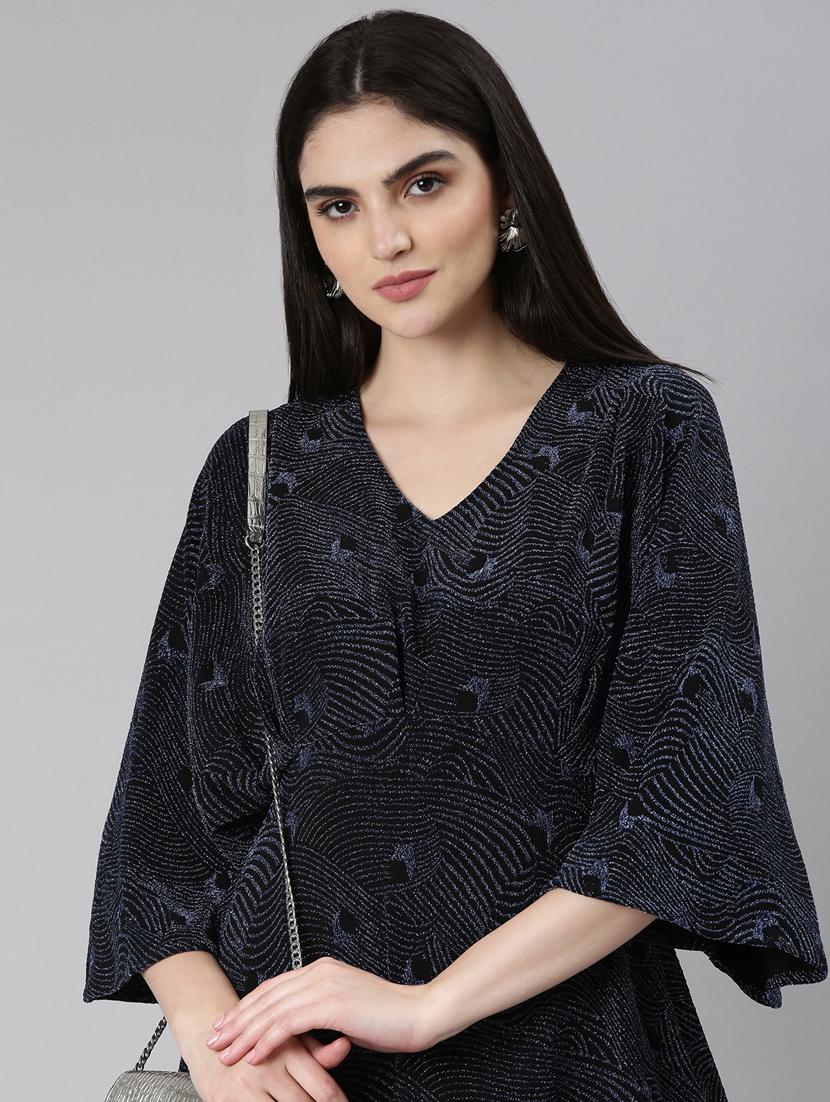 navy blue self designed a-line dress - 20383466 - Standard Image - 4