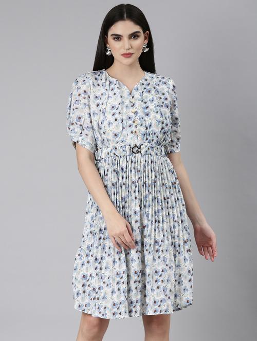 off white floral fit & flare dress - 20383469 -  Standard Image - 0
