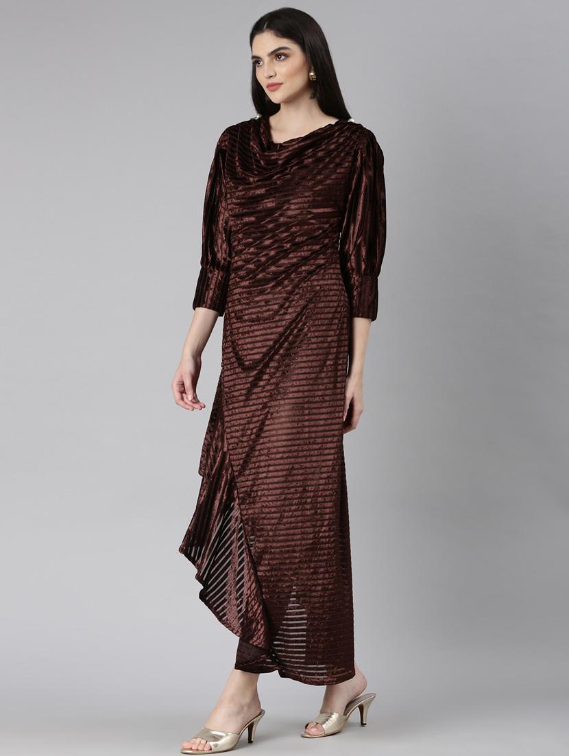 coffee brown self design asymmetric dress - 20383477 - Standard Image - 1