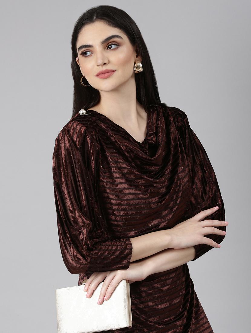 coffee brown self design asymmetric dress - 20383477 - Standard Image - 4