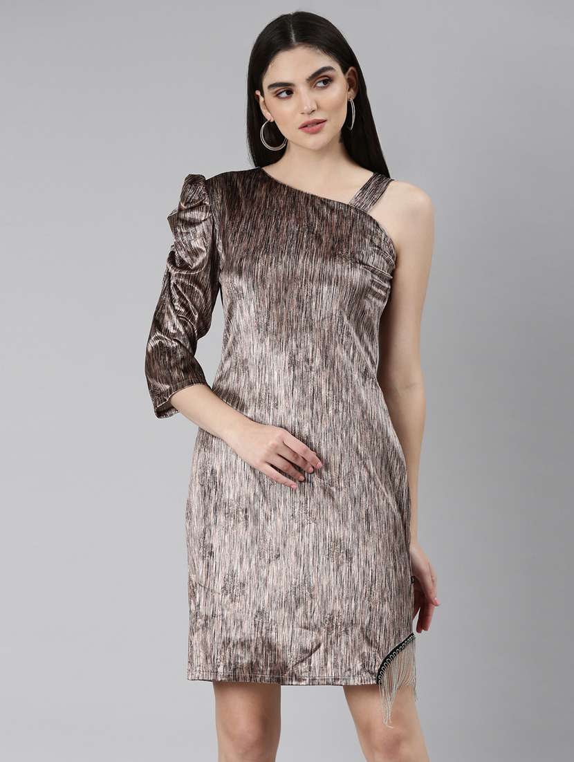 brown self designed one shoulder bodycon dress