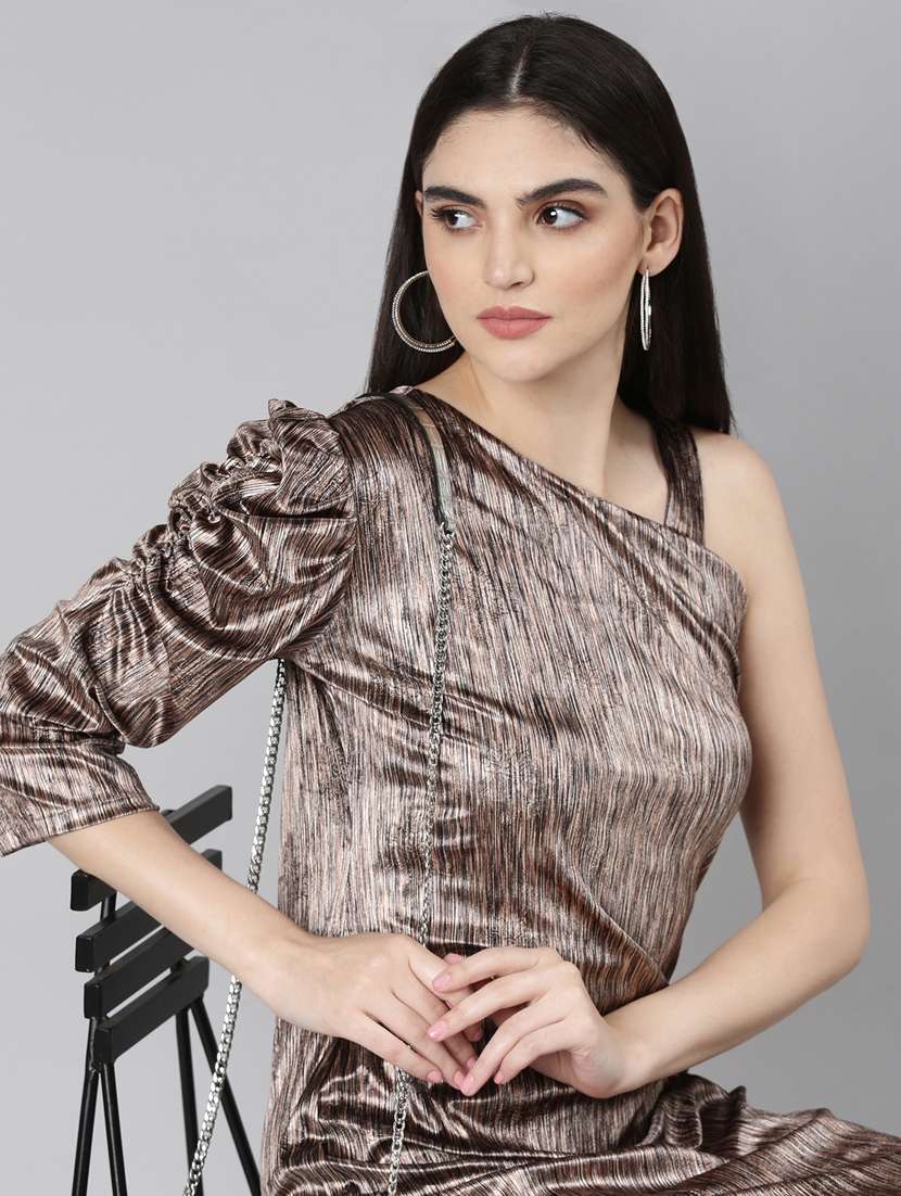 brown self designed one shoulder bodycon dress - 20383482 -  Standard Image - 4