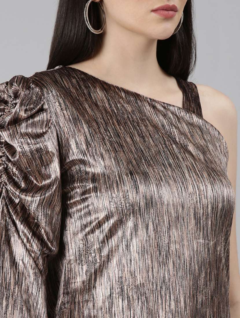 brown self designed one shoulder bodycon dress - 20383482 -  Standard Image - 6