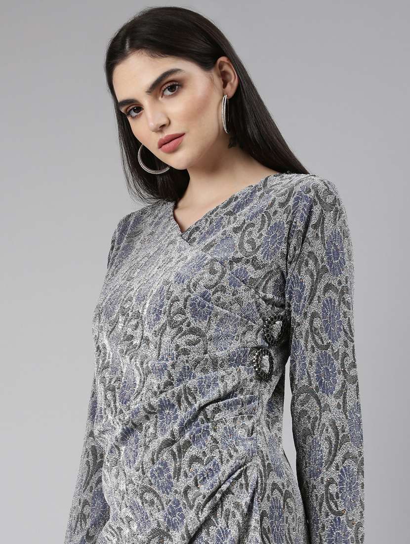 silver self design wrap dress - 20383492 -  Standard Image - 4