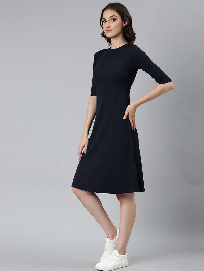 navy blue self design a-line dress - 20383513 -  Standard Image - 1